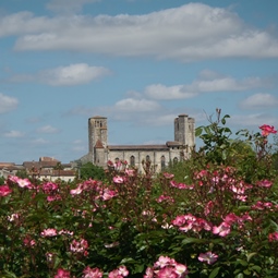 Collégiale de La Romieu vue depuis les jardins de Coursiana